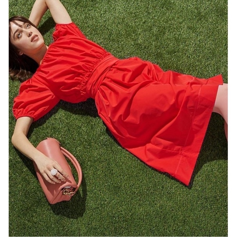 LDT Red Dress Connie Front Tie Short Sleeve Blouson Midi Dress 12 - Picture 3 of 16